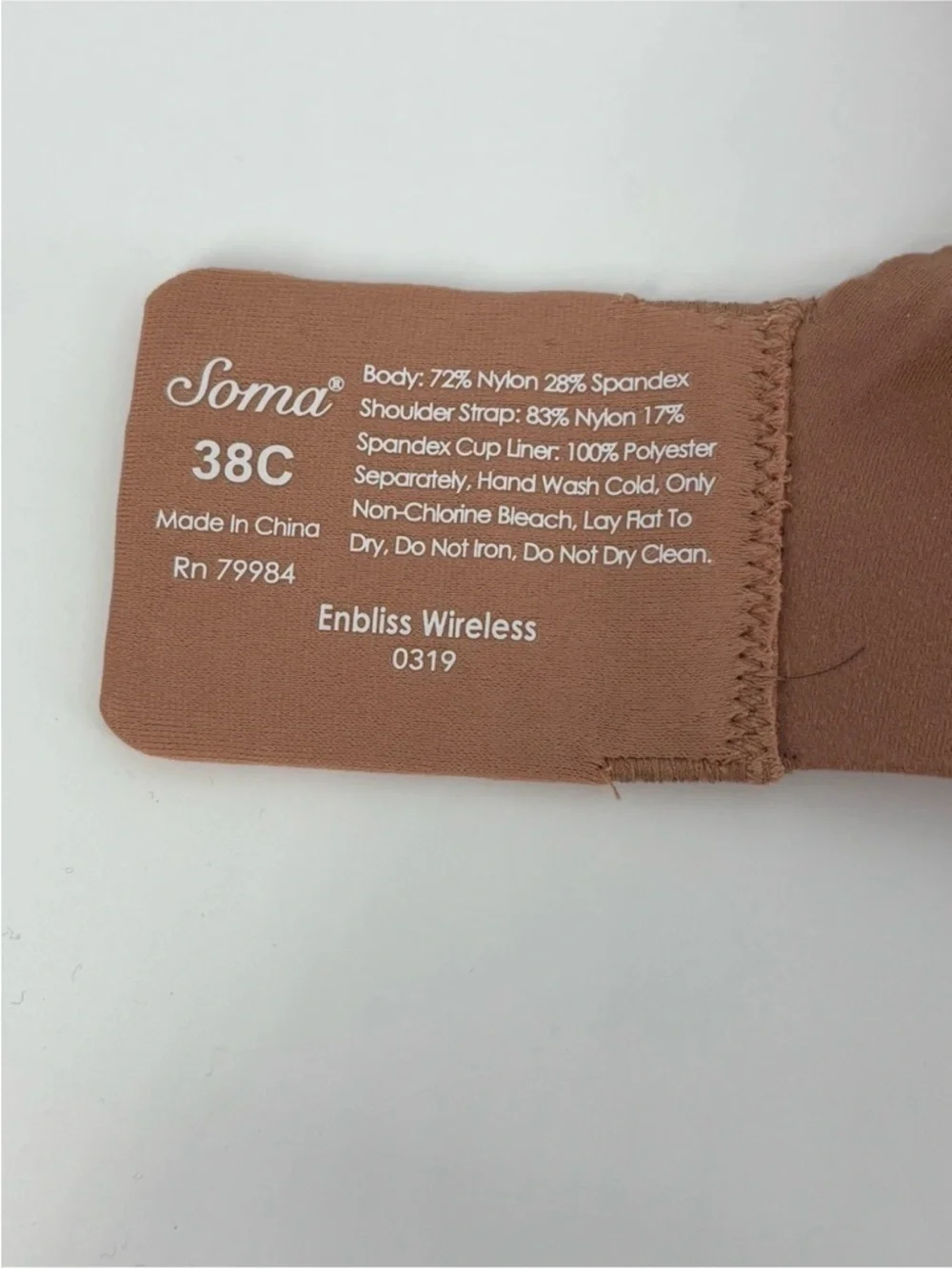 Soma Enbliss Wireless Bra 38C Tan Nude Padded Smooth Comfort‎ 0319